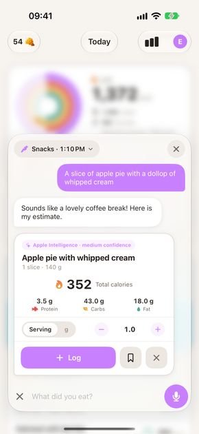 Logify chat estimating apple cake with cream and a cappuccino with oat milk