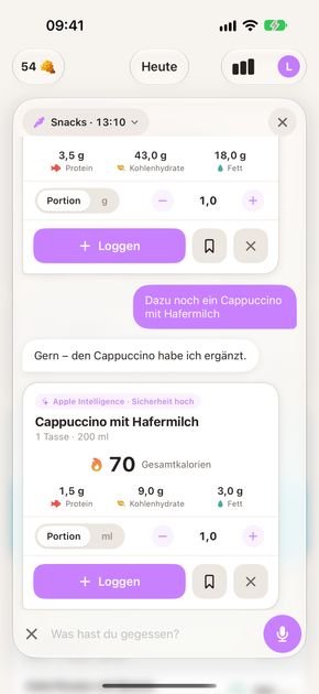 Chat in Logify mit Rückfrage der KI zur Portionsgröße