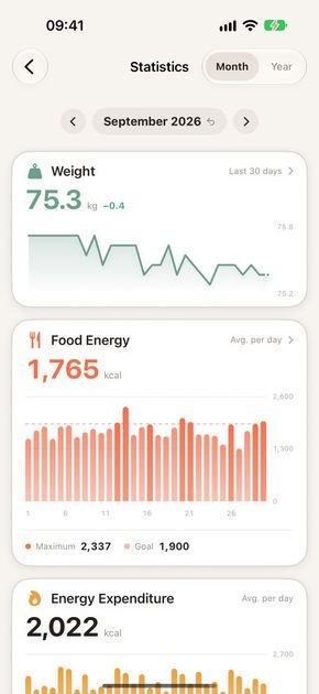 Monthly statistics with weight, food energy and energy expenditure