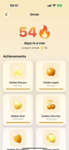 A 54-day streak with golden badges