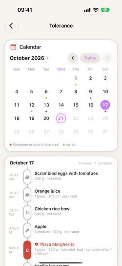 "Tolerance" view with marked days in the calendar and the rated meals of October 17