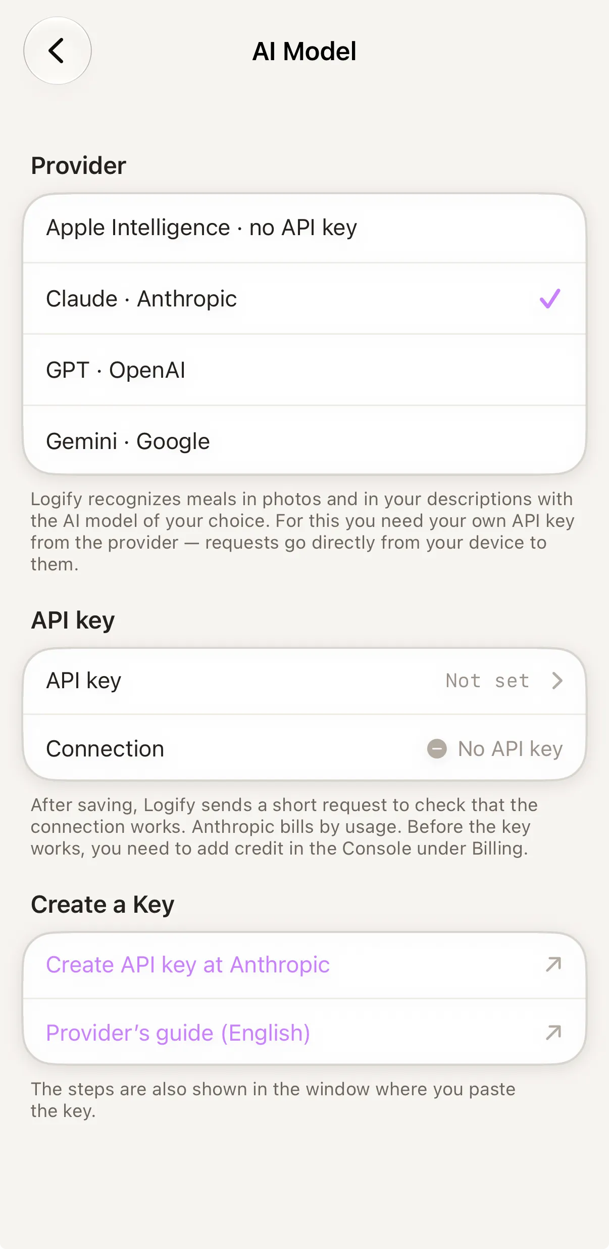 Settings → AI Model with the providers Apple Intelligence, Claude, GPT and Gemini, followed by the API key field and the connection status