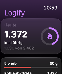 Logify auf der Apple Watch mit 1.372 kcal übrig